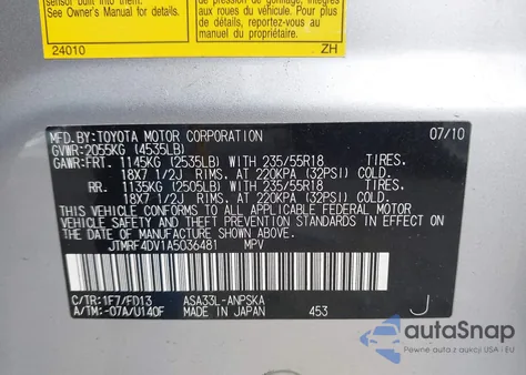 2010 Toyota Rav4 Sport from USA, damaged, VIN JTMRF4DV1A5036481